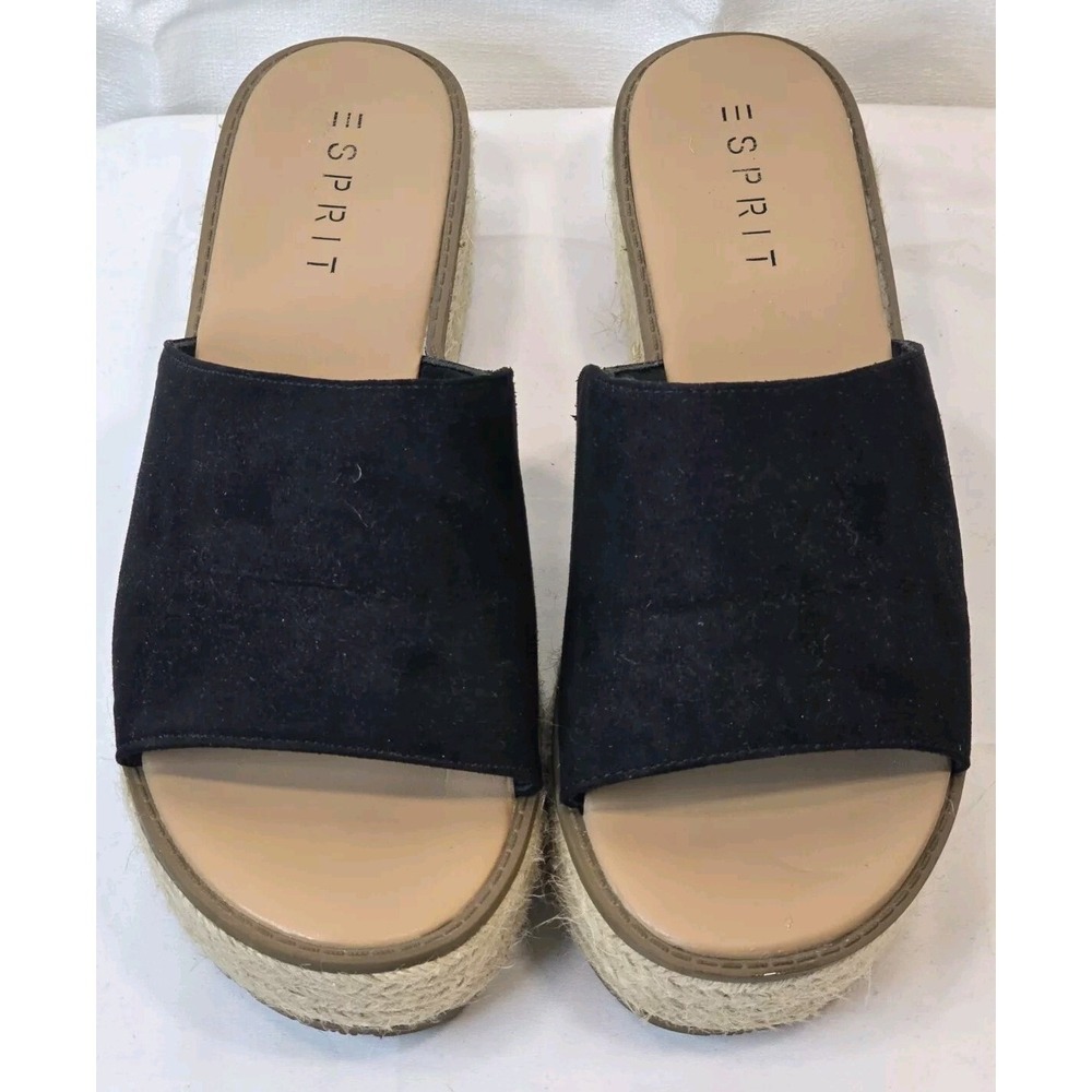 Esprit Womens Black Faux Suede Espadrille‎ Platform Slide Sandals Jute Wrap